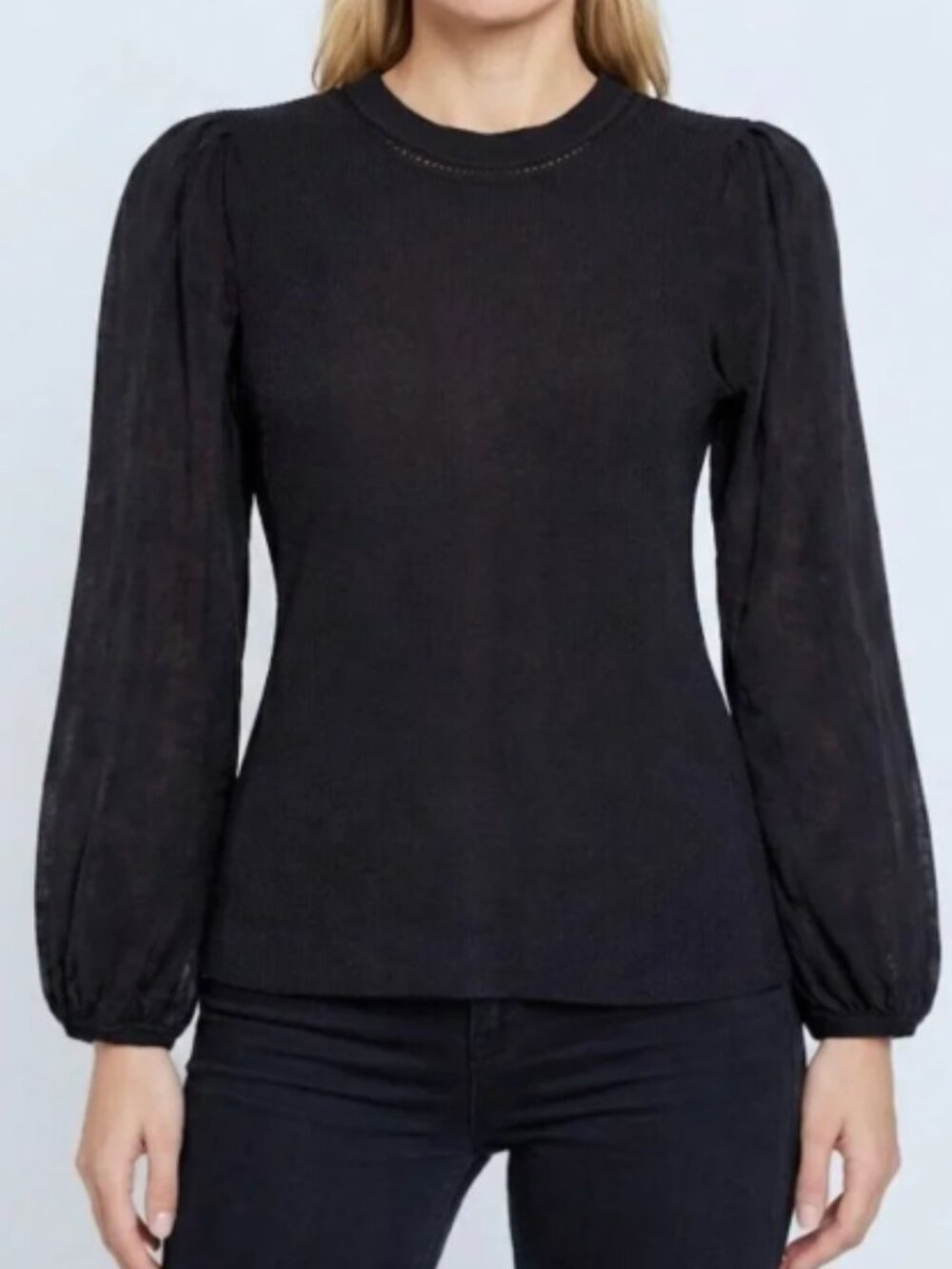 JONATHAN SIMKHAI Sheer Mesh Sleeve Black Ribbed Knit Top Size Small
